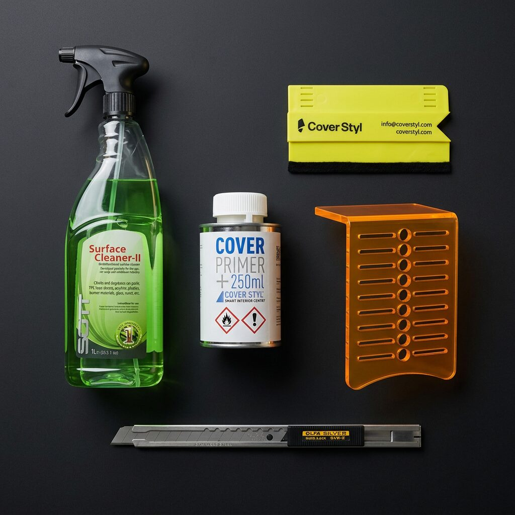 Contenu du kit de démarrage Cover Styl : nettoyant, primaire, raclette, outil de finition et cutter