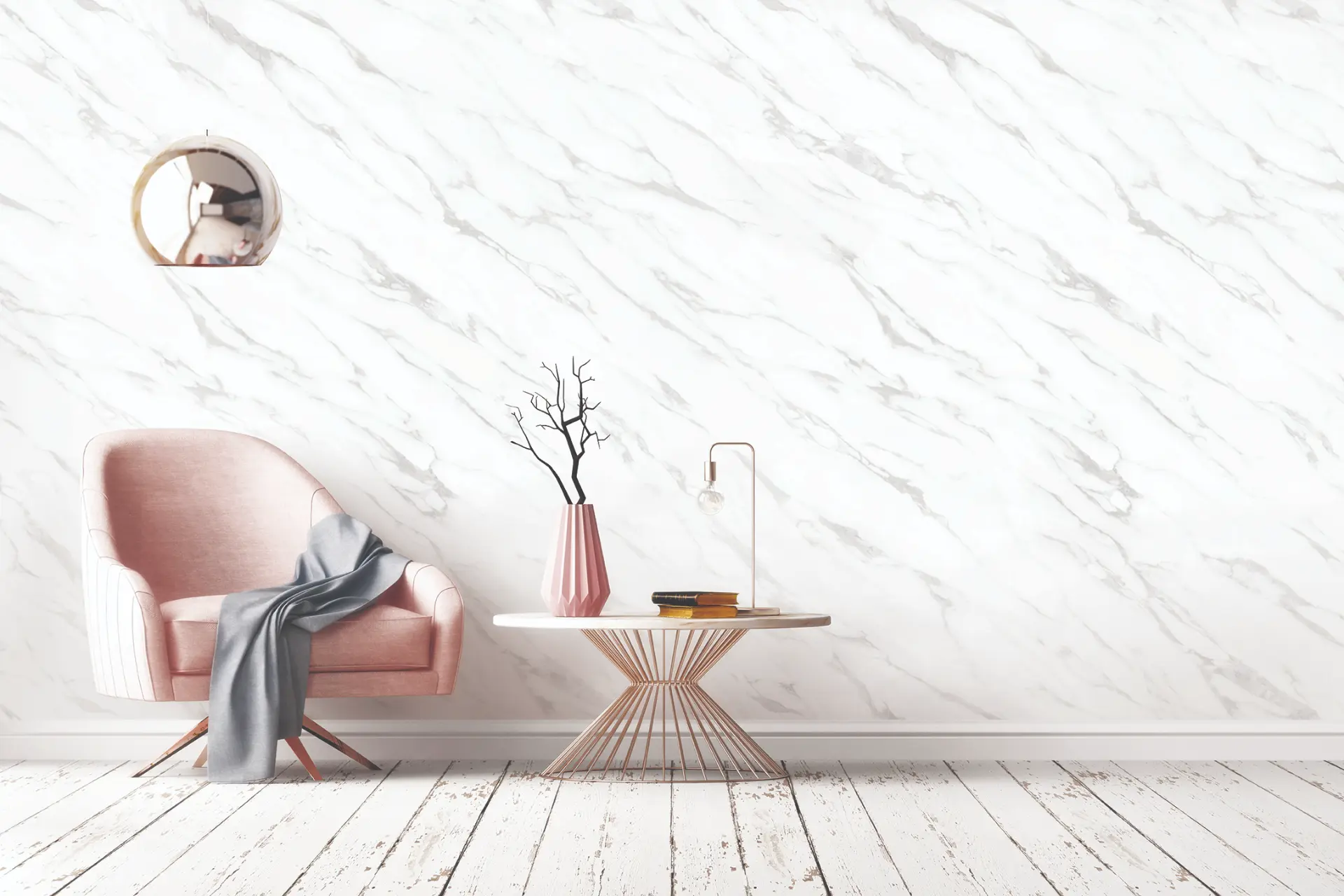 Mur habillé d'un film adhésif Cover Styl aspect marbre blanc dans un salon