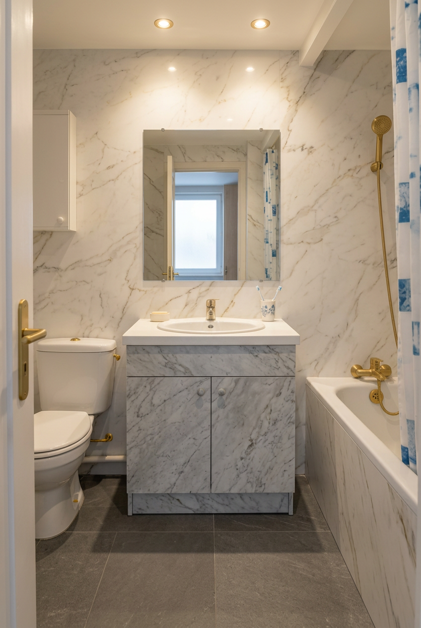 Salle de bain après habillage Cover Styl : murs et meuble effet marbre blanc veiné, robinetterie dorée