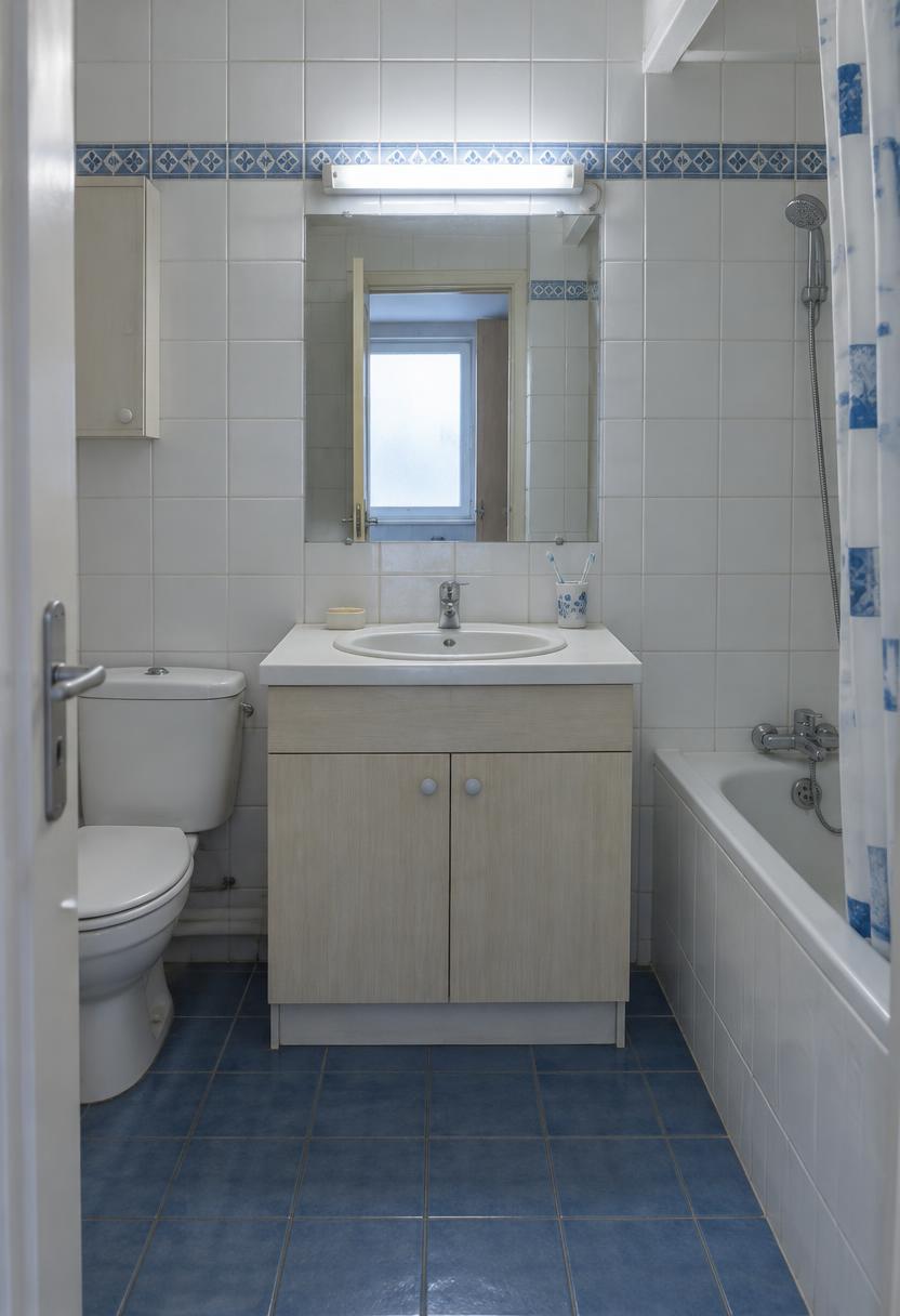 Salle de bain avant rénovation : carrelage blanc avec frise bleue et sol bleu